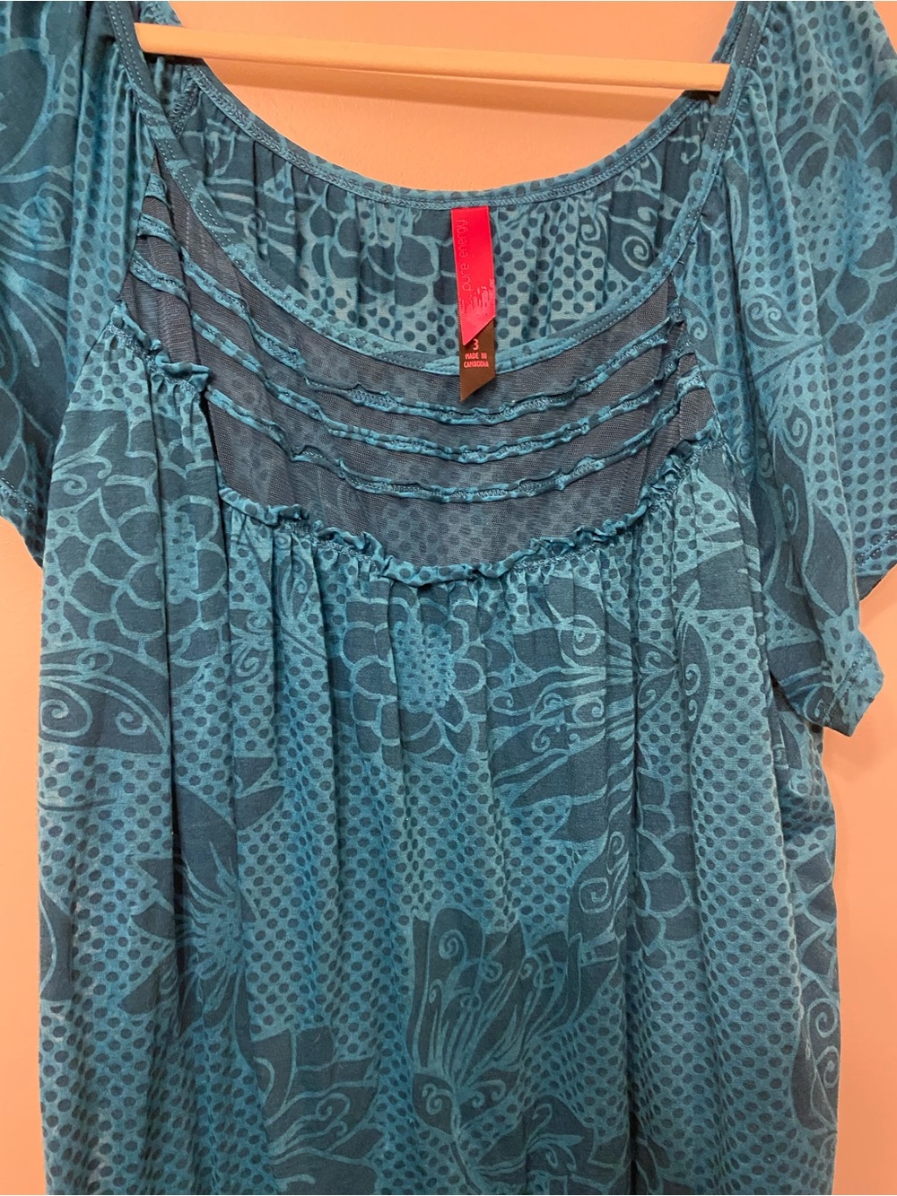 Pure Energy Teal Patterned Short Sleeve Scoop Neck Tunic